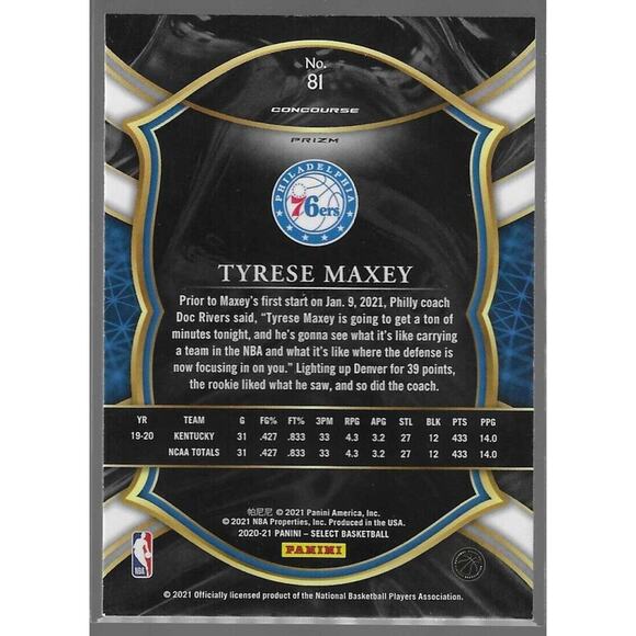 2020-21 Panini Select Tyrese Maxey Concourse Silver Prizm Rookie RC #81 76ers - Picture 2 of 2